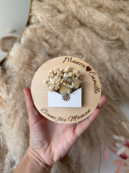 Aimant personnalisé fête des grands-mères – Fleurs séchées & bois gravé