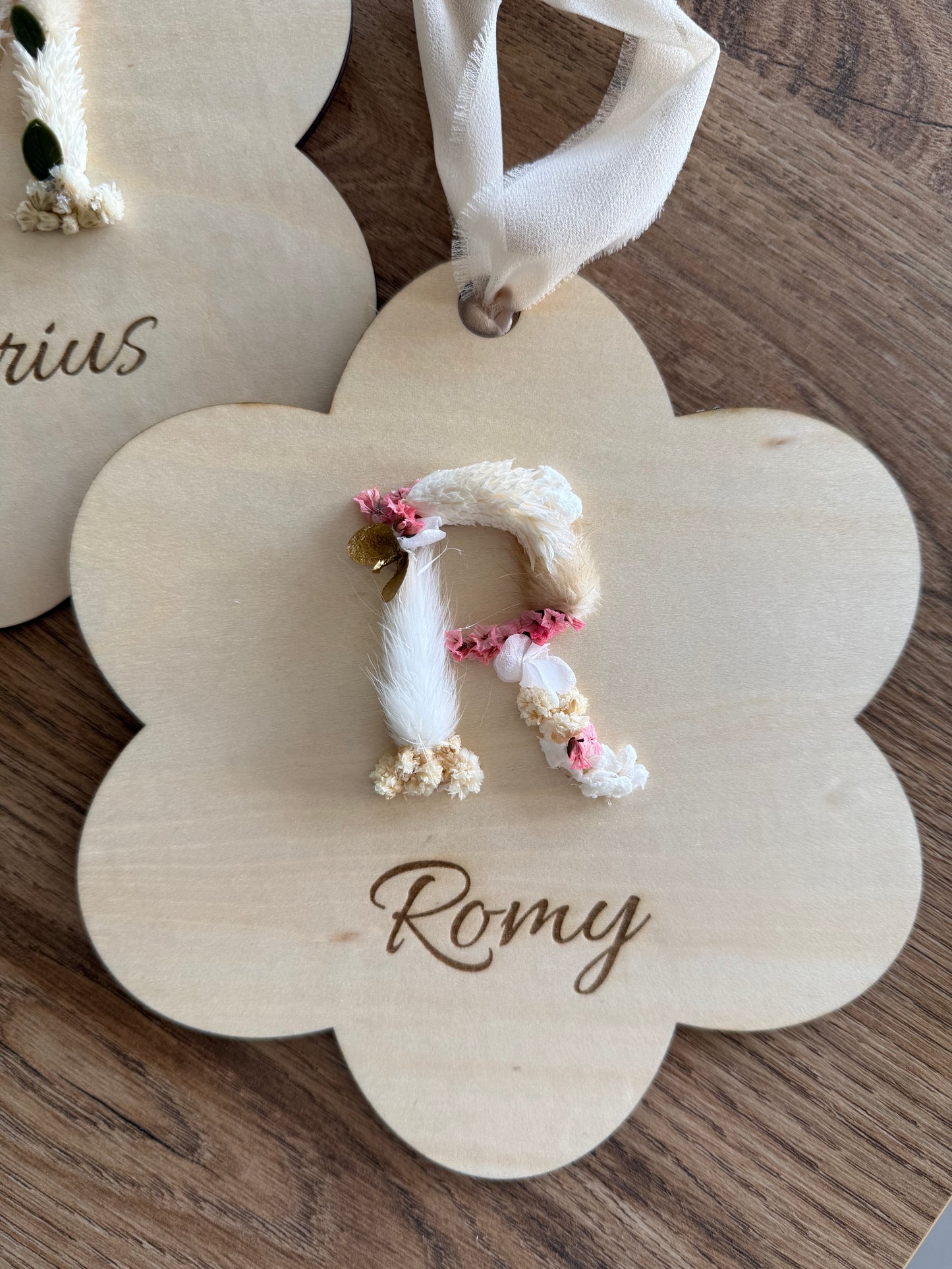 Suspension prénom fleurie en bois – décoration personnalisée enfant
