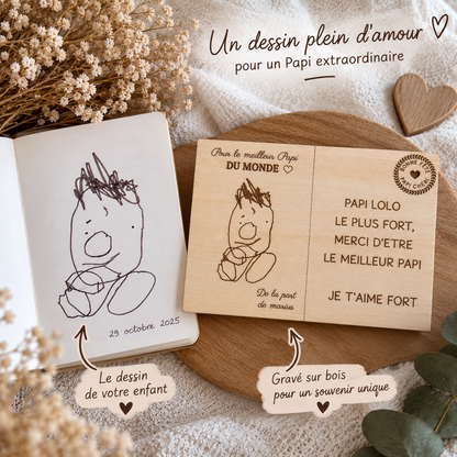 Carte postale en bois personnalisée – Dessin de votre enfant – Fête des grands-pères