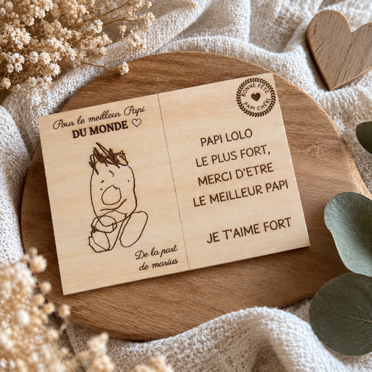 Carte postale en bois personnalisée – Dessin de votre enfant – Fête des grands-pères