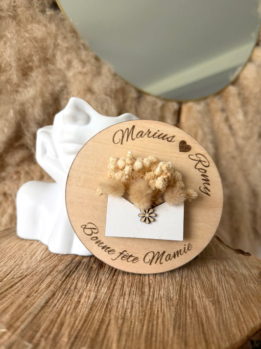 Aimant personnalisé fête des grands-mères – Fleurs séchées & bois gravé