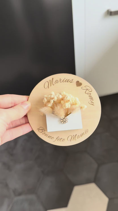 Aimant personnalisé fête des grands-mères – Fleurs séchées & bois gravé